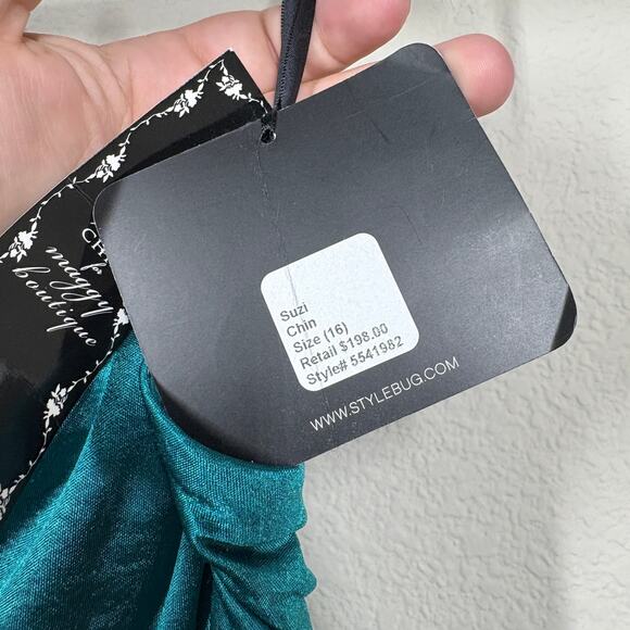 Suzi Chin For Maggy Boutique 16 Satin One Shoulder Dress Green Draped Ruched - Picture 11 of 11